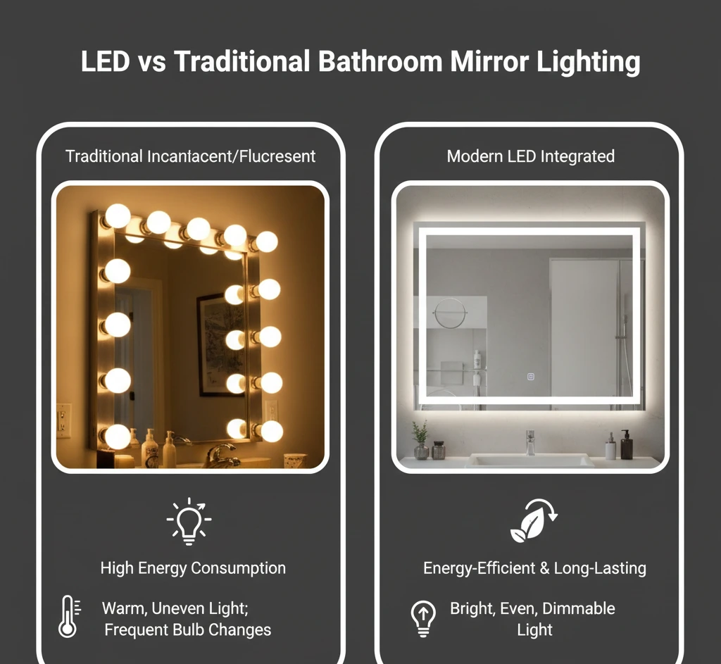 “Comparison of LED bathroom mirror lighting versus traditional lighting showing brightness, energy efficiency, and modern design differences.”