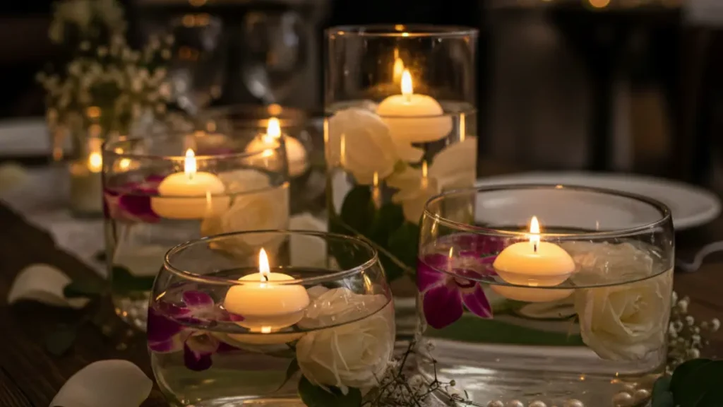 Elegant LED candle lights used as wedding décor on centerpieces and aisle, creating a warm and romantic ambiance