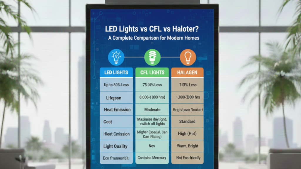 Comparison of LED, CFL, and halogen bulbs showing efficiency differences