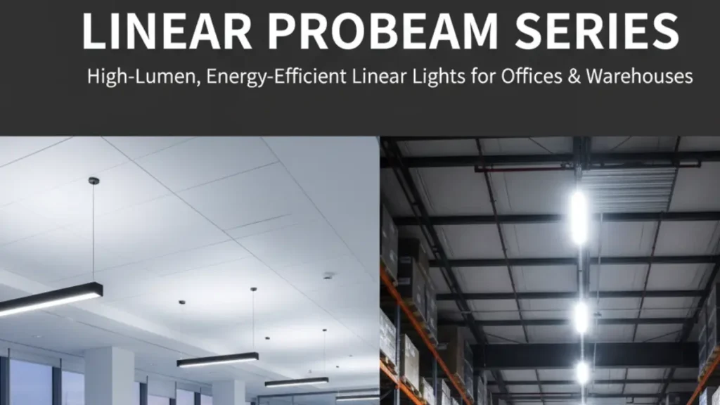 High-lumen Linear ProBeam LED linear lights installed in a modern office and warehouse space.
