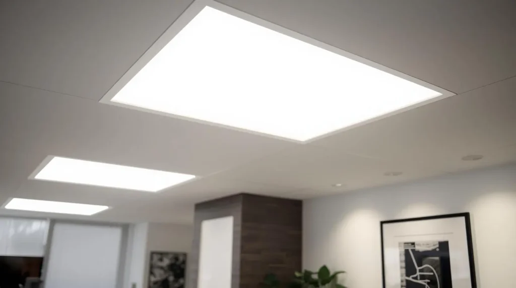 Modern LED panel lights installed in a home office and living room providing uniform bright lighting