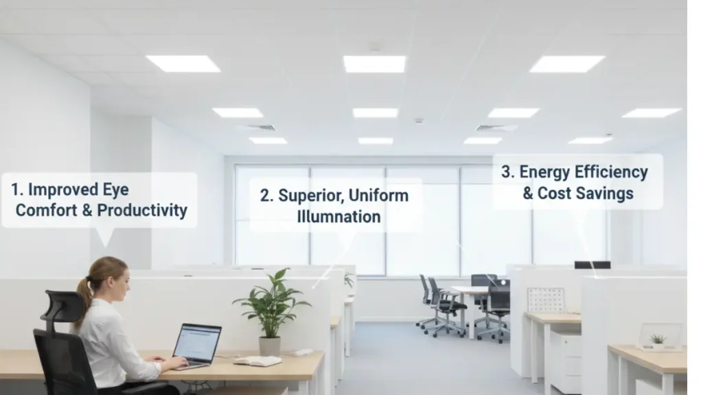 LED panel lights installed in a modern office providing uniform bright lighting for workspaces