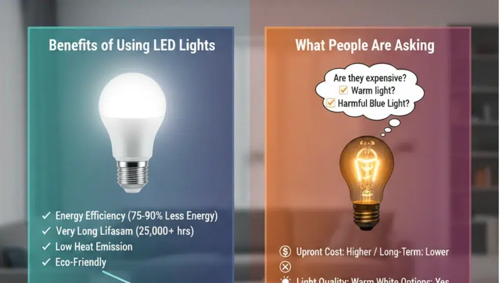 Indoor LED lighting comparison – LED bulbs vs traditional incandescent bulbs in a living room.