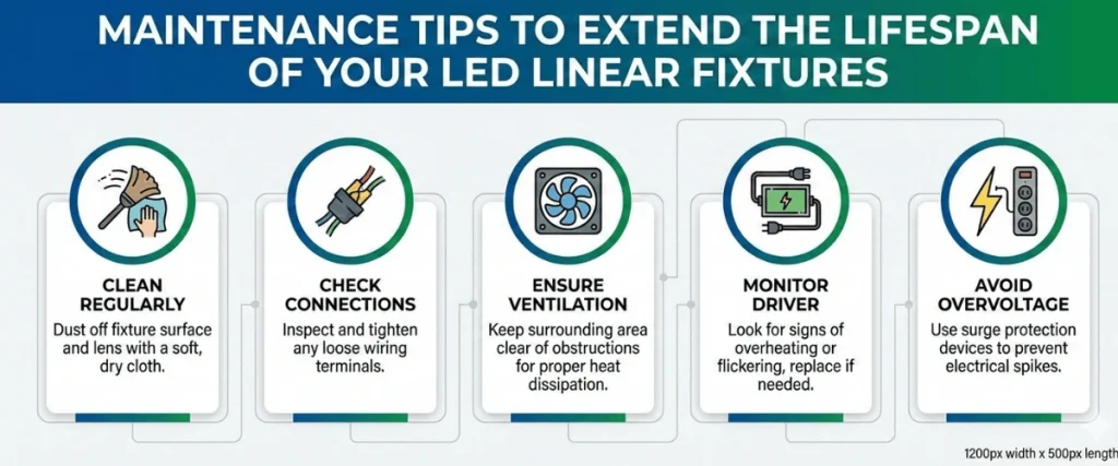 Maintenance of LED linear fixtures showing proper cleaning, airflow space, and secure installation for long-lasting performance