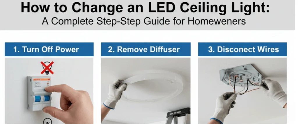 Installing a modern LED ceiling light by connecting electrical wires safely on a home ceiling.