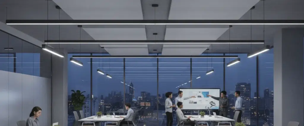 Modern office space illuminated with energy-efficient LED linear lights, providing uniform and comfortable lighting for employees.