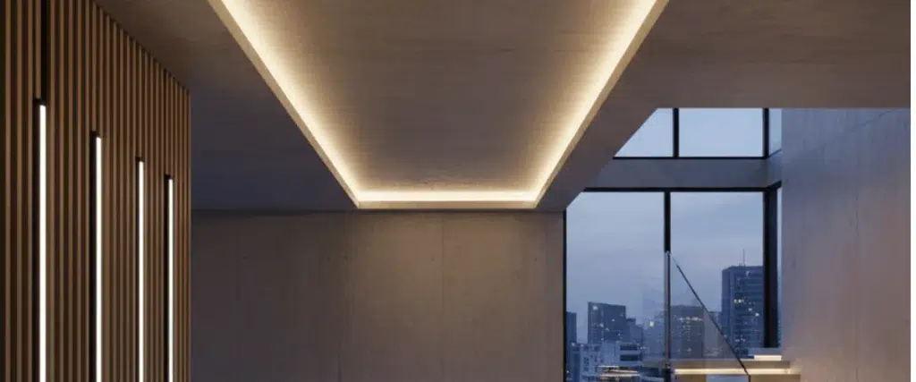 Architectural interior using LED linear lights for ambient and accent lighting to highlight modern design features.