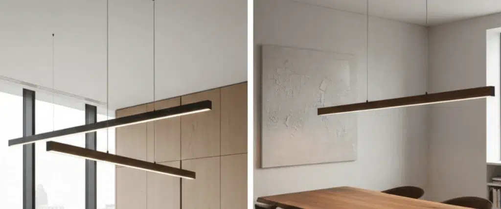 Minimalist LED linear pendant light installed above a modern dining table in a contemporary interior