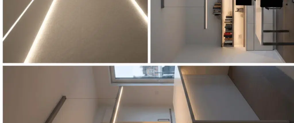 Modern kitchen, hallway, and workspace featuring recessed and suspended LED linear lighting for clean and even illumination