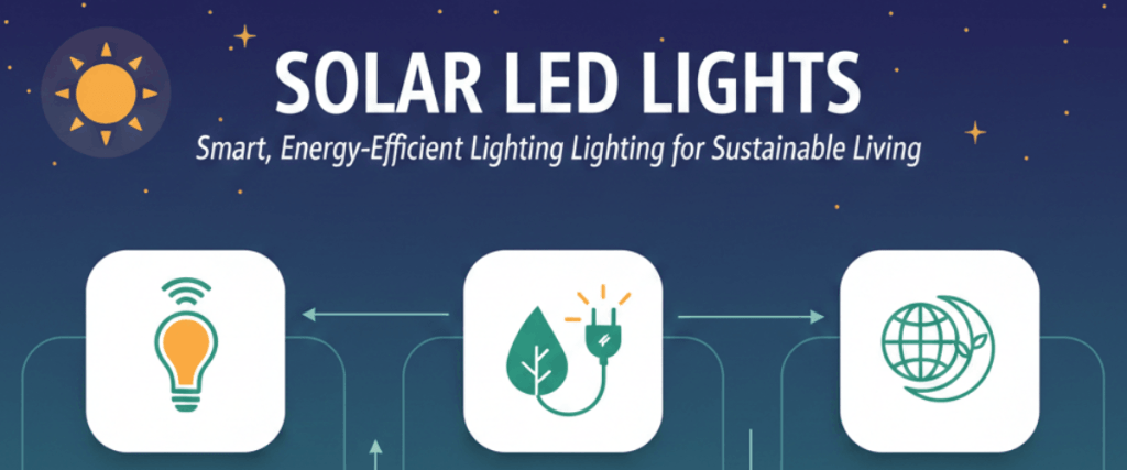 High-performance solar LED lights installed on a modern street providing energy-efficient outdoor illumination powered by renewable solar energy