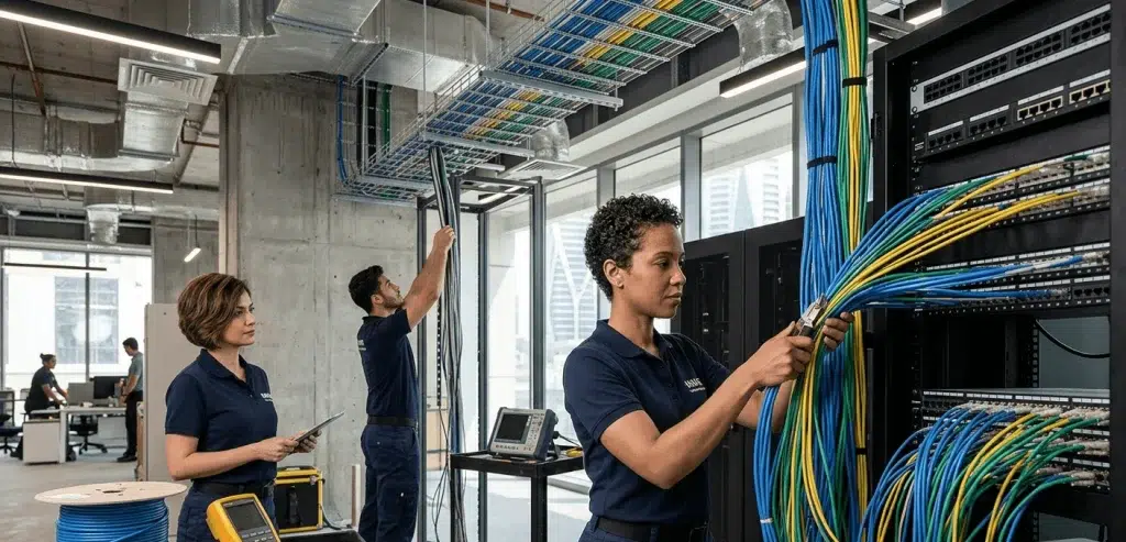 Structured cabling server rack installation in Dubai office with organized patch panels and Cat6 cables