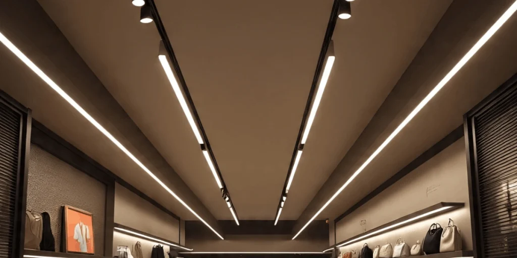 LED linear lighting installed in a modern retail store ceiling to provide bright and uniform illumination for product displays
