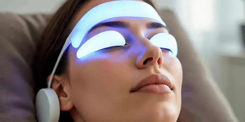 LED light therapy device used for skin treatment and facial rejuvenation in a modern skincare clinic