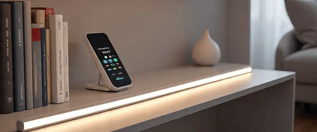 Battery powered LED strip lights with remote control installed under cabinet for easy wireless lighting in UAE home