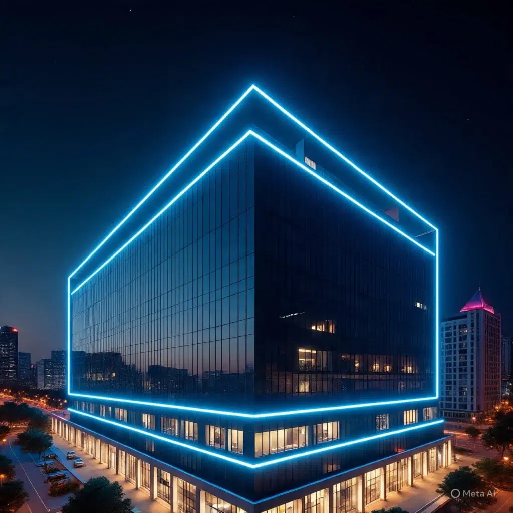 LED strip lights installed in modern commercial building ceiling and facade lighting UAE