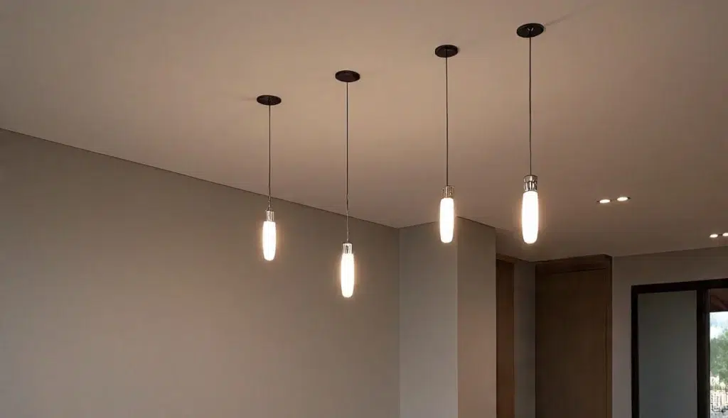 modern LED hanging lights in living room with stylish pendant design