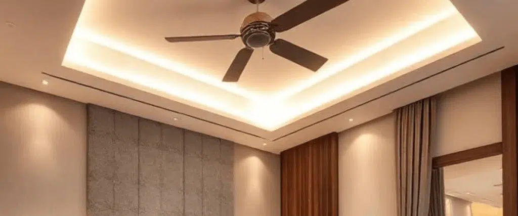 Modern bedroom interior with stylish LED strip lights, ceiling lighting, and warm ambient illumination