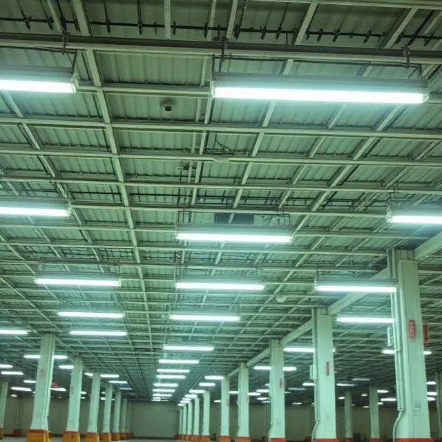 LED T8 tubes replacing old fluorescent fittings in a UAE office ceiling during a lighting retrofit