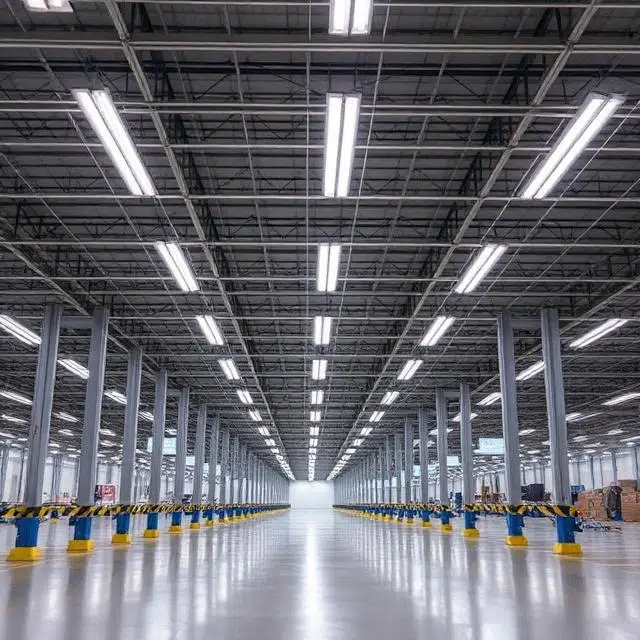 LED high-bay fittings replacing metal halide lamps in a UAE warehouse for lower energy and better uniformity