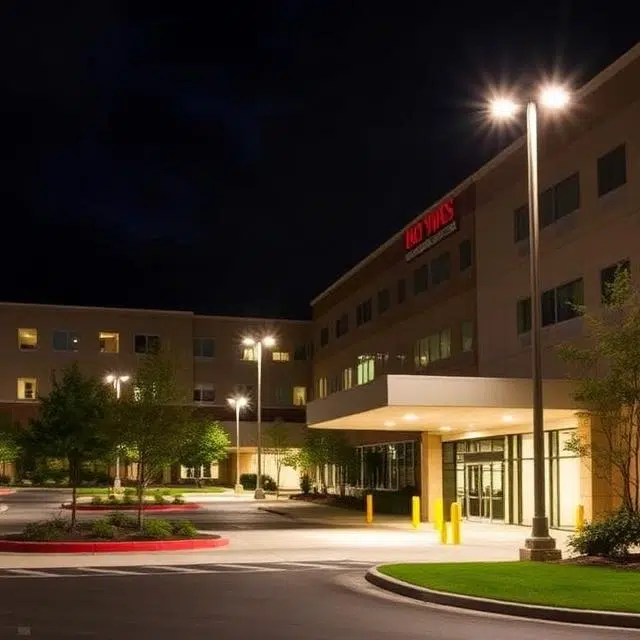 Modern LED flood lights installed at a UAE hospital to enhance outdoor lighting, security, and energy efficiency.