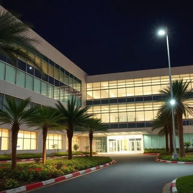 Energy-saving LED flood lights delivering bright illumination across hospital visitor parking spaces.