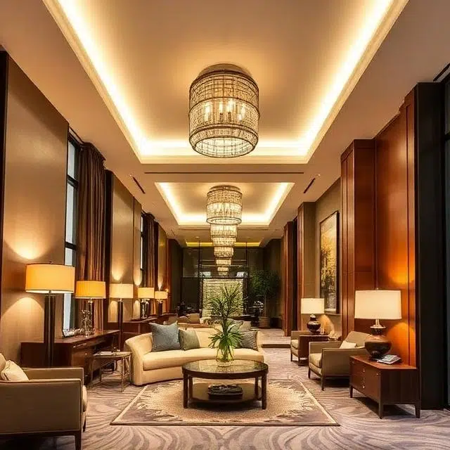 Commercial LED downlights used in a luxury hotel guest room renovation