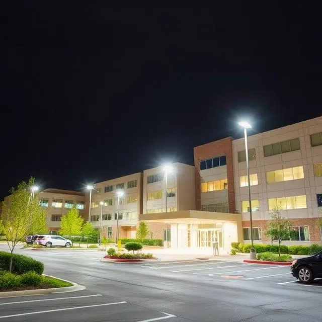 Bright LED flood lights installed near a hospital entrance to improve security and pedestrian safety.