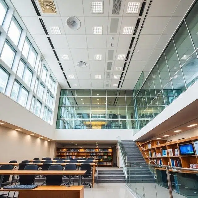 LED street lights illuminating university pathways, roads, and outdoor spaces to improve campus safety during the evening