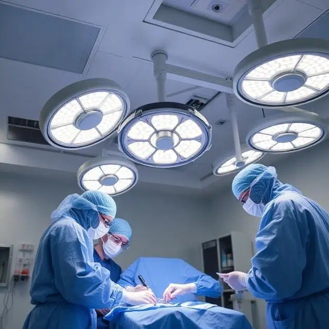 Ceiling-mounted LED surgical lights providing high-intensity shadow-free illumination inside a modern operating theatre