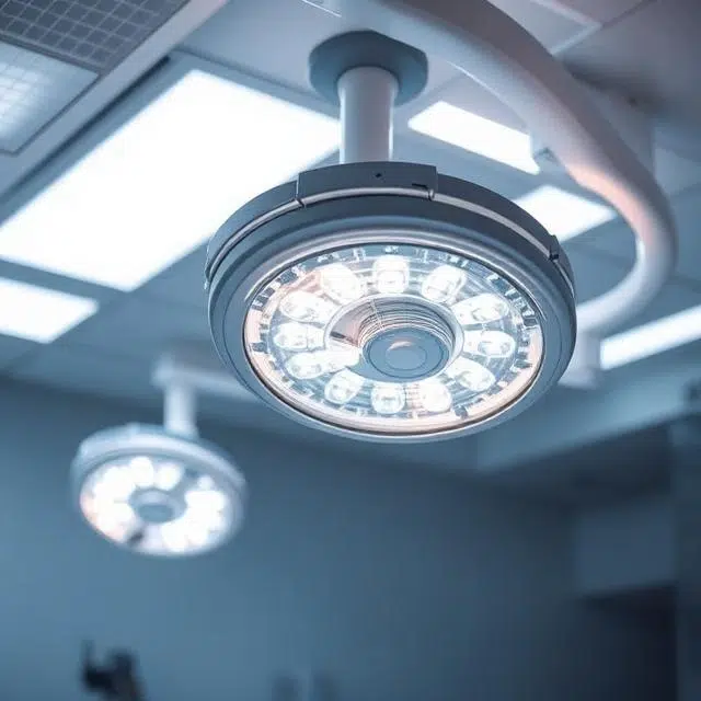 Adjustable ceiling-mounted LED surgical lighting system providing precision illumination in a hospital operating theatre