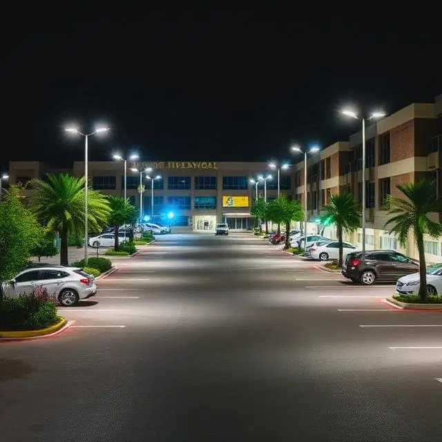 High-performance LED flood lights illuminating a hospital parking area for improved visibility and patient safety at night.