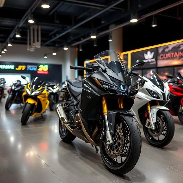 Premium LED lighting installed in a motorcycle showroom in Dubai Hills to highlight bikes with bright and energy-efficient illumination.