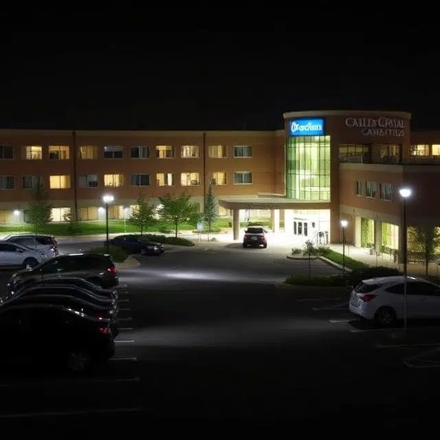 Smart LED flood lighting system with motion sensors installed in a modern healthcare facility parking area.