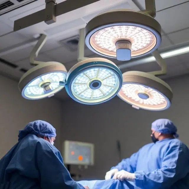 Fully equipped hospital operating room featuring LED surgical lighting, medical equipment, and sterile surgical environment