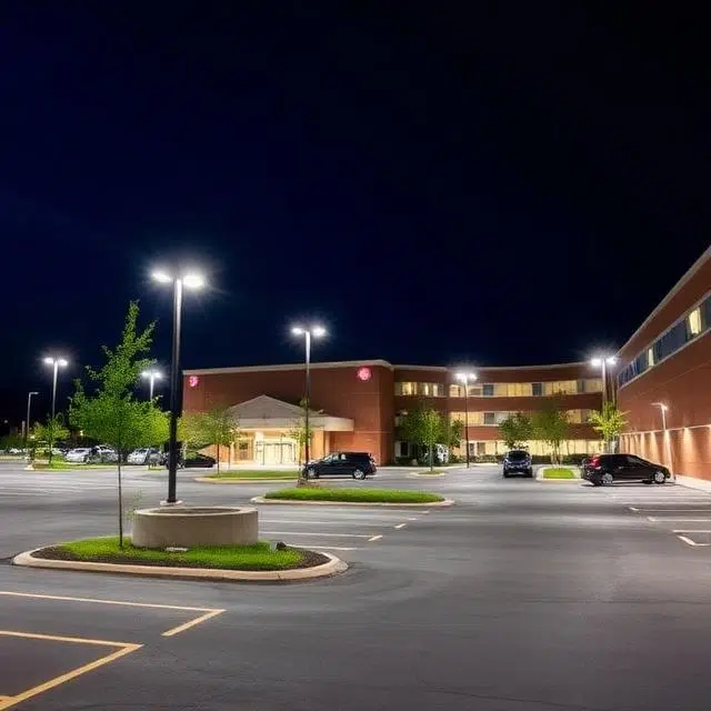 Energy-efficient LED flood lights providing uniform lighting across a hospital parking lot in the UAE.