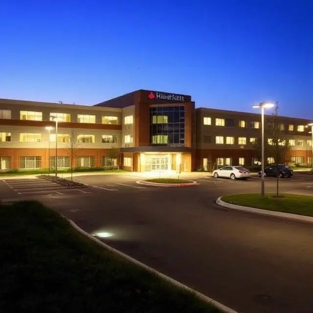 Hospital parking area illuminated with LED flood lights to improve CCTV visibility and perimeter security.