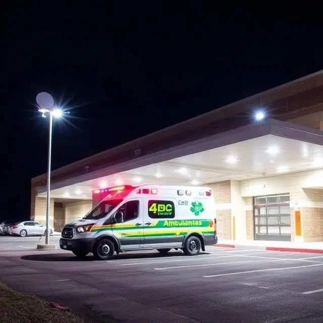 Outdoor LED flood lighting system installed across a healthcare campus to improve safety and visibility.