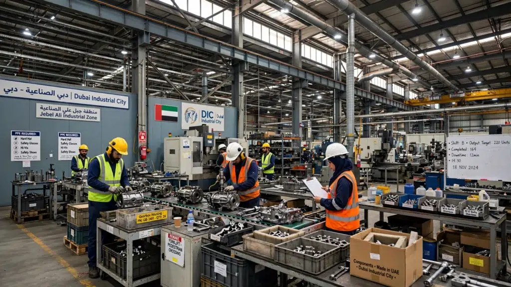 Commercial LED high bay lights installed in a large warehouse in Dubai