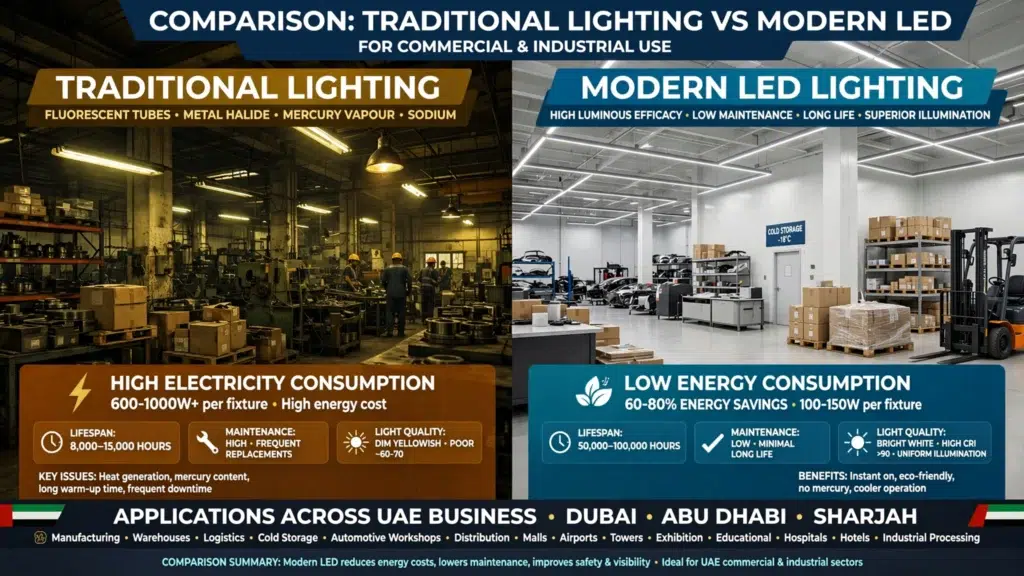 Industrial LED lighting system installed in a manufacturing facility in the UAE