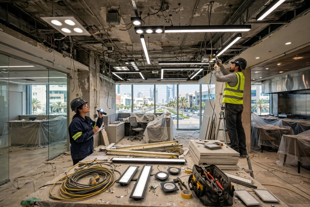 Energy-efficient LED lighting in a modern Abu Dhabi office
