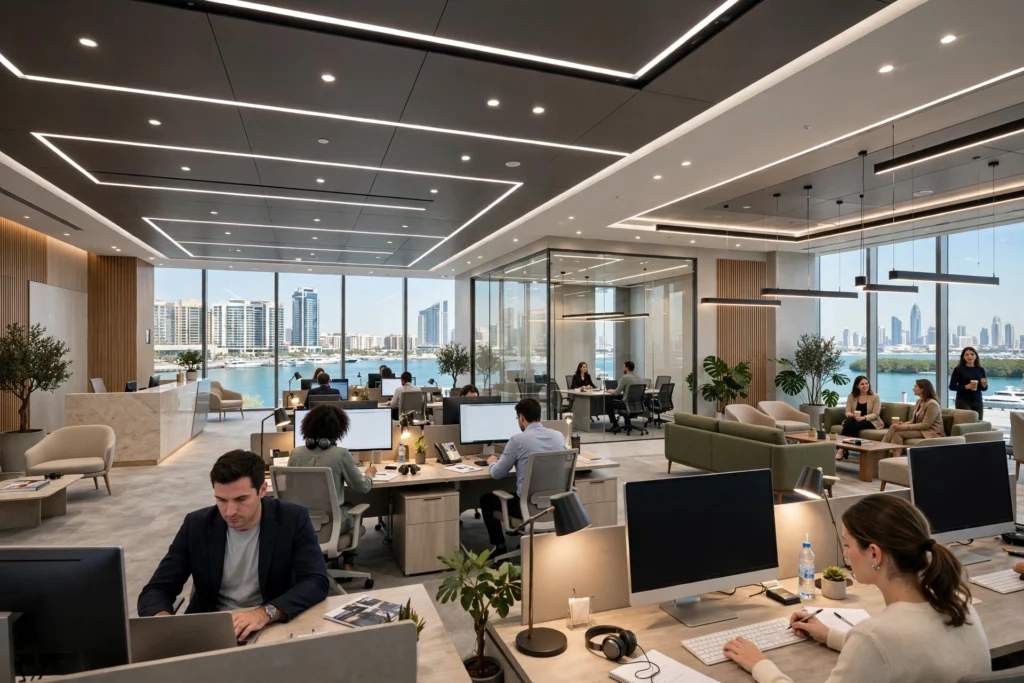 Commercial building illuminated with modern LED lighting in Abu Dhabi
