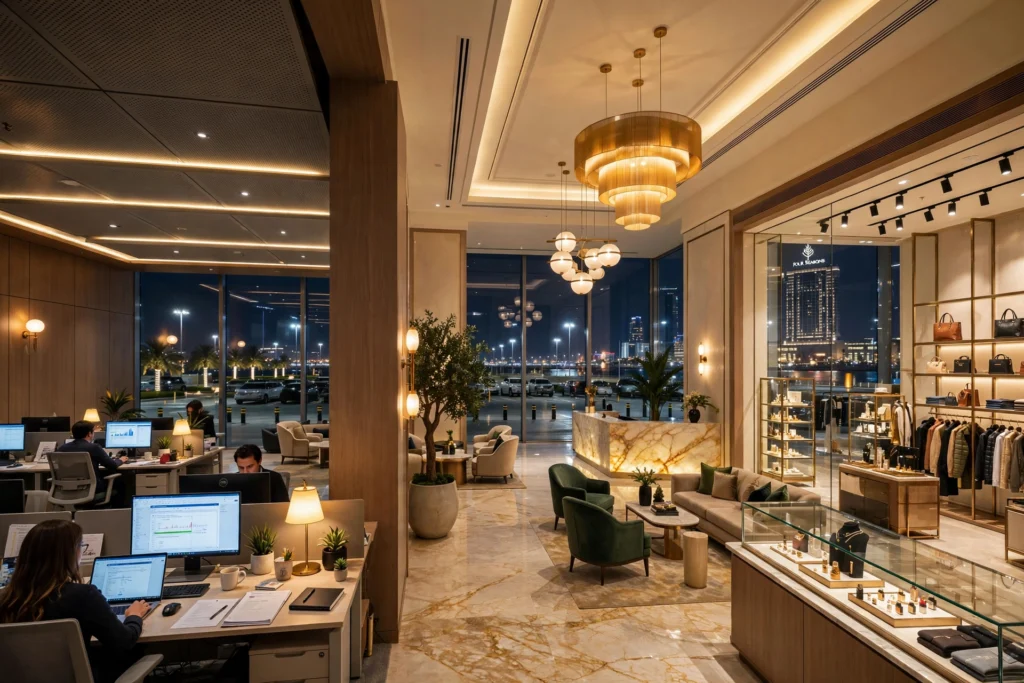 Modern commercial LED lighting in an Abu Dhabi business district