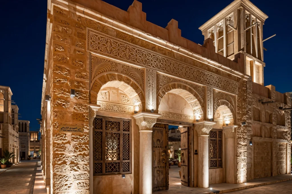 Historic building façade highlighted with energy-efficient LED lights