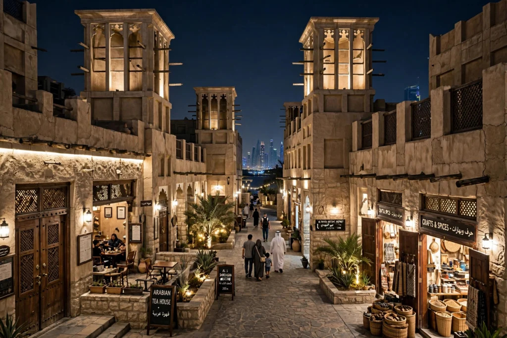 Historic Al Shindagha architecture highlighted with subtle LED façade lighting
