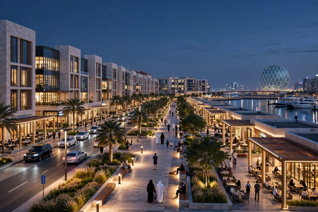 Commercial property with modern outdoor LED lighting at Al Raha Beach