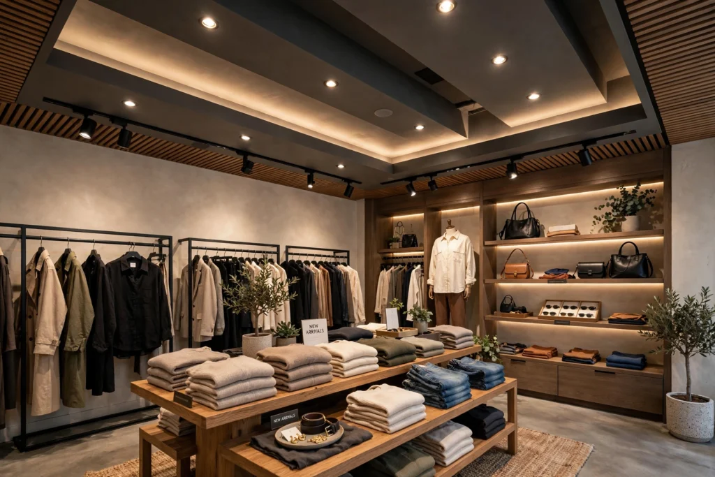 Track lighting illuminating fashion racks and garments