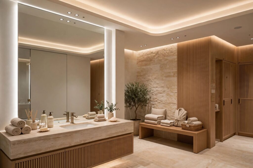 Indirect LED lighting creating soft illumination in a contemporary wellness space