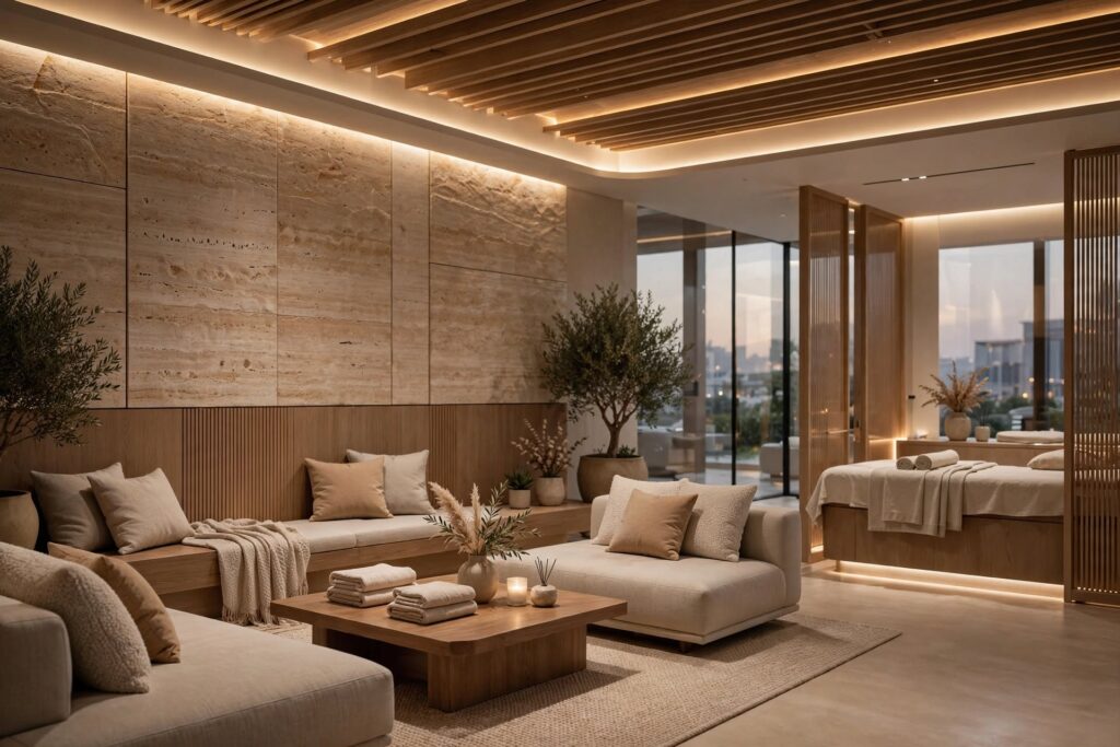 Modern spa interior with soft LED lighting creating a calm wellness atmosphere