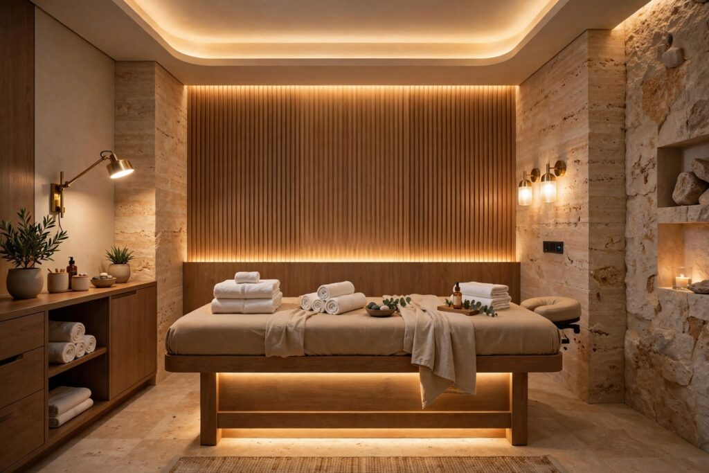 Spa treatment room with dimmable LED lighting for a relaxing environment