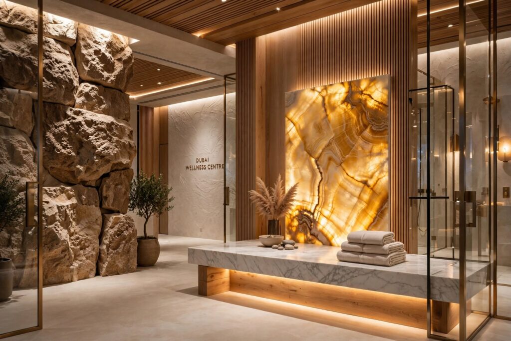 Spa corridor illuminated with recessed and concealed LED lighting for comfortable wayfinding